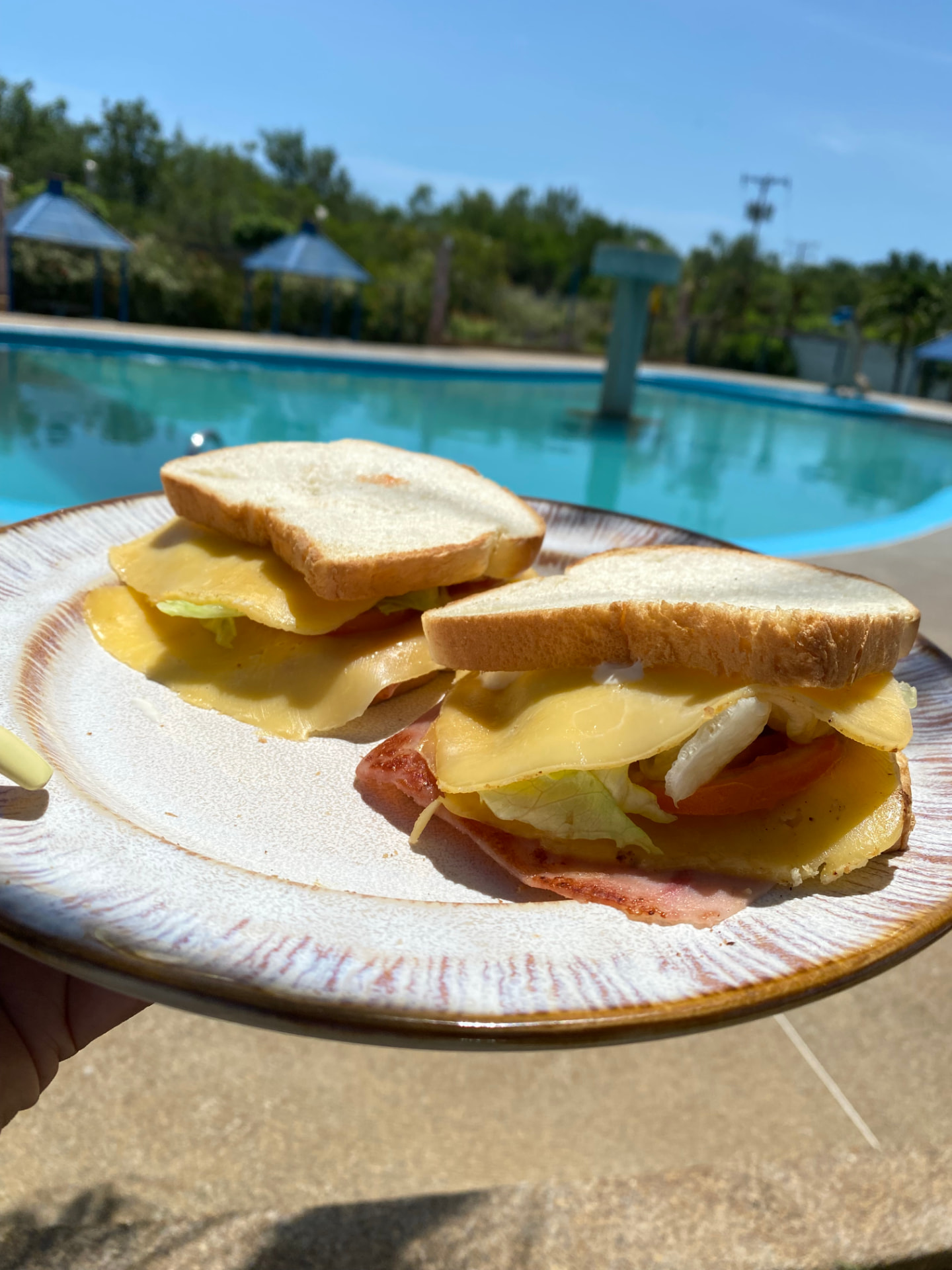 Sándwich de jamón y queso servido frente a la piscina