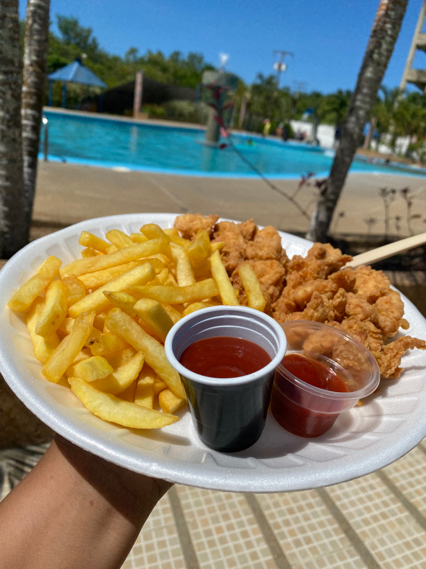 Nuggets de pollo con papas fritas y salsas
